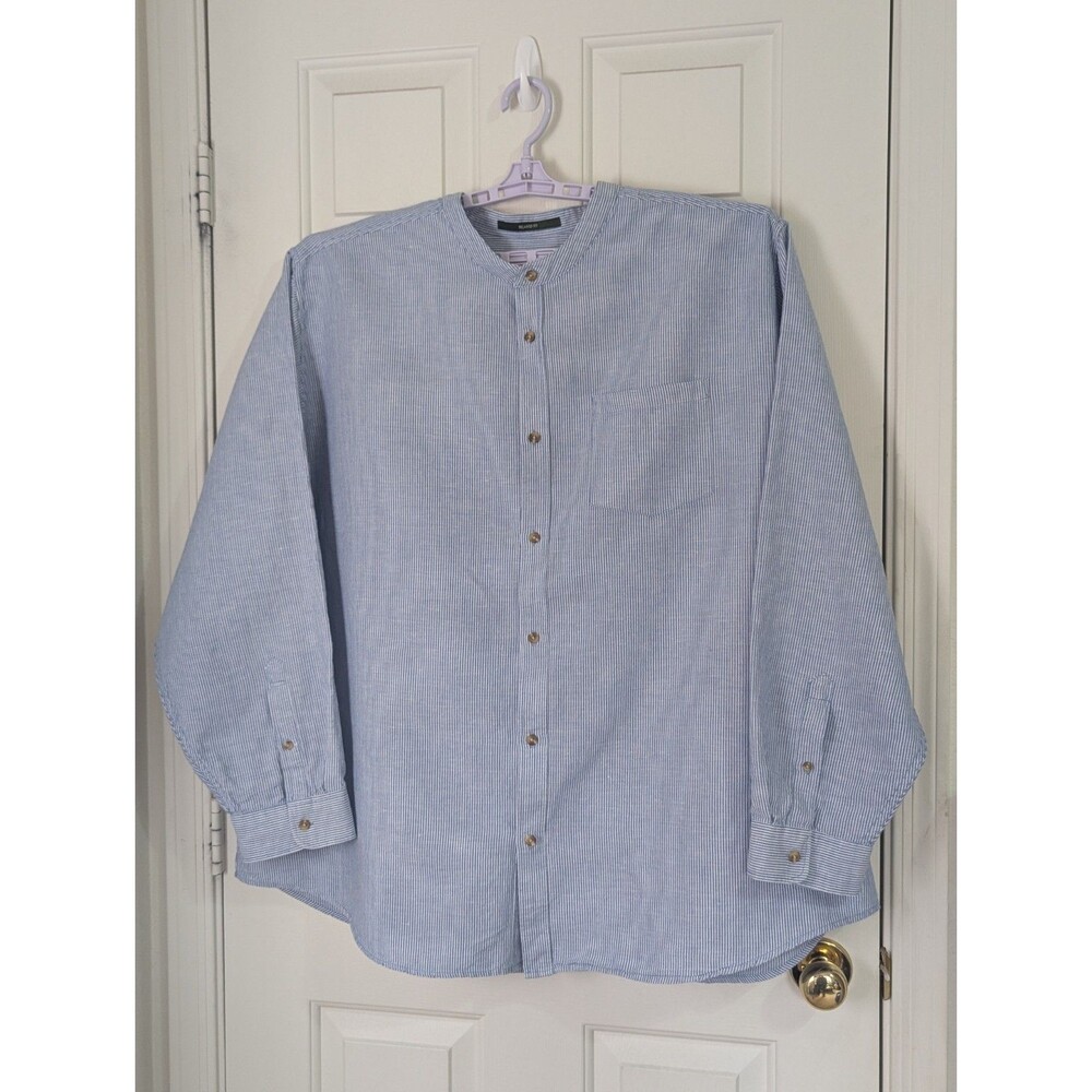 Eddie Bauer Linen L/S Button Shirt Mens 3XL Blue White Pinstripe Band Collar EUC